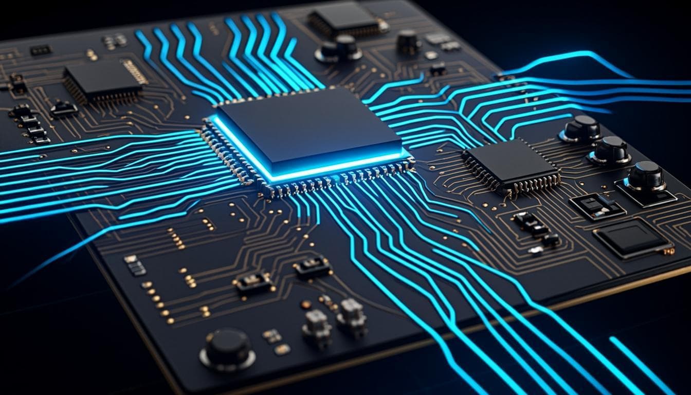 ECU circuit board with electric blue traces